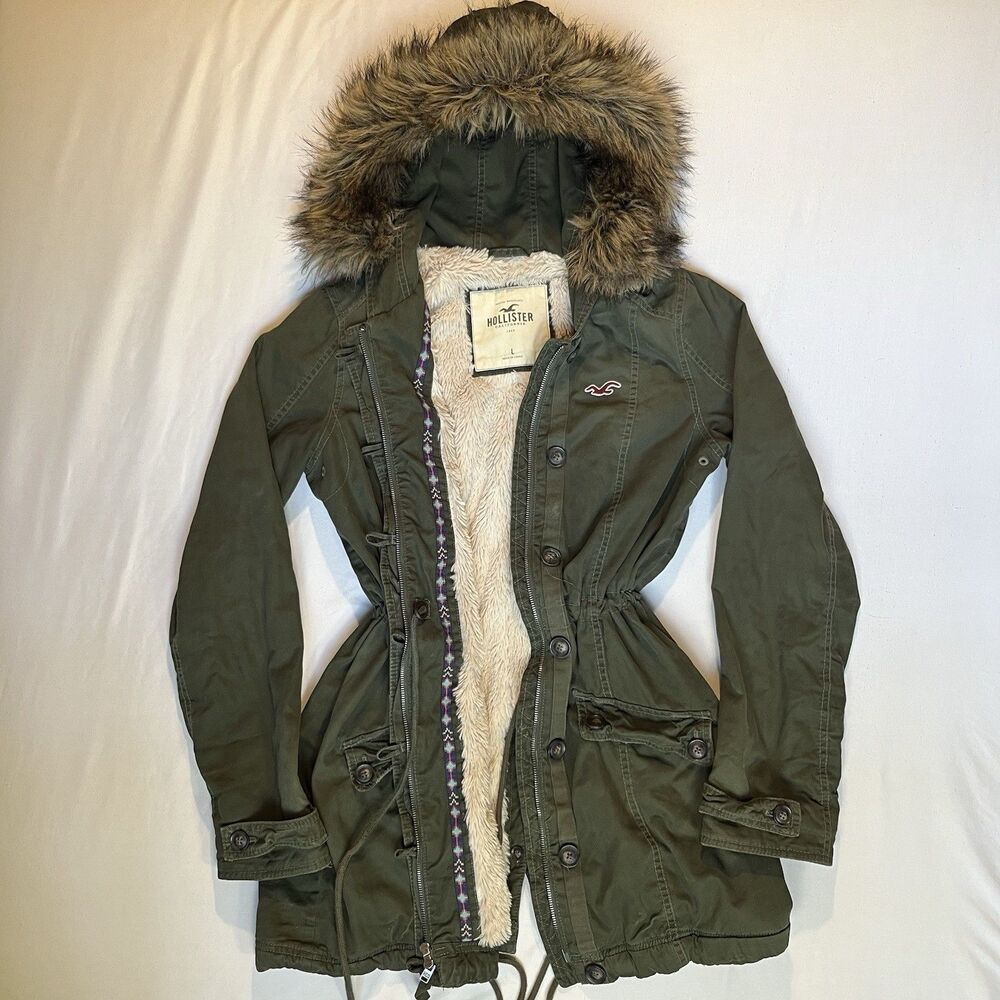 Y2k Hollister Sherpa Lined Utility Jacket Fur Hood Large VTG Bella Swan